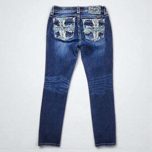 Miss Me Y2K Skinny Jeans Embroidered Rhinestone Sequins Cross Womens Size 29 - Picture 1 of 15